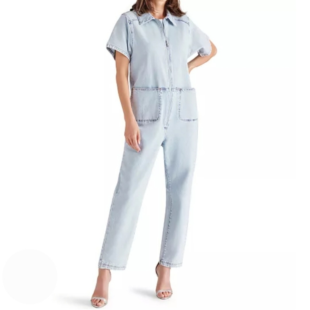 Steve Madden Jumpsuit L Light Blue Denim Eira Jean Relaxed Fit Front Zip New$130
